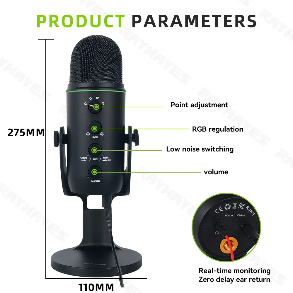 RAYHAYES JI-M2S USB Condensateur Gaming Microphone Live Streaming Mic Gain Bouton Pour PC Ordinateur Portable Vidéo Statique