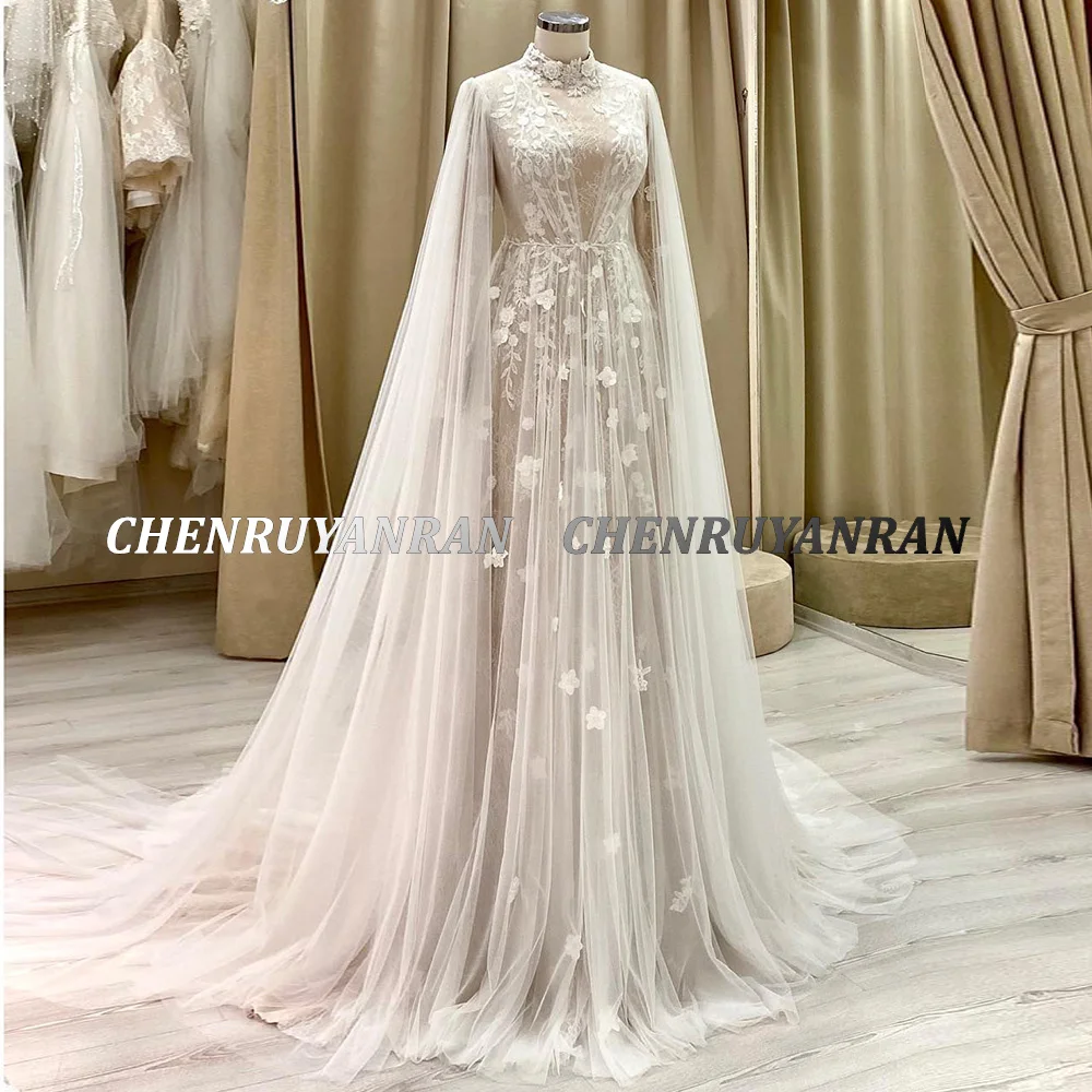 Gaun Pesta Pernikahan Muslim Boho Penutup Belakang Gaun Pengantin Panjang untuk Wanita Renda Applique A-Line Tulle Sapu Kereta Vestido De Novia