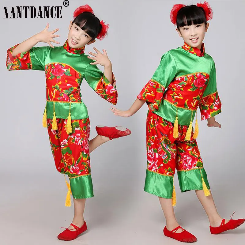 New Year Red Hanfu children\'s Girls Traditional Suit National Younger Style Clothing Fan Yangko Stage Dancing Clothes Costumes