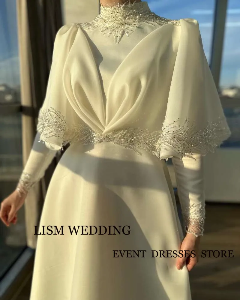 LISM Modeest Ivory Muslim Arabic Women Wedding Dresses Flare Long Sleeves Silk Organza High Neck Applique Bridal Gowns