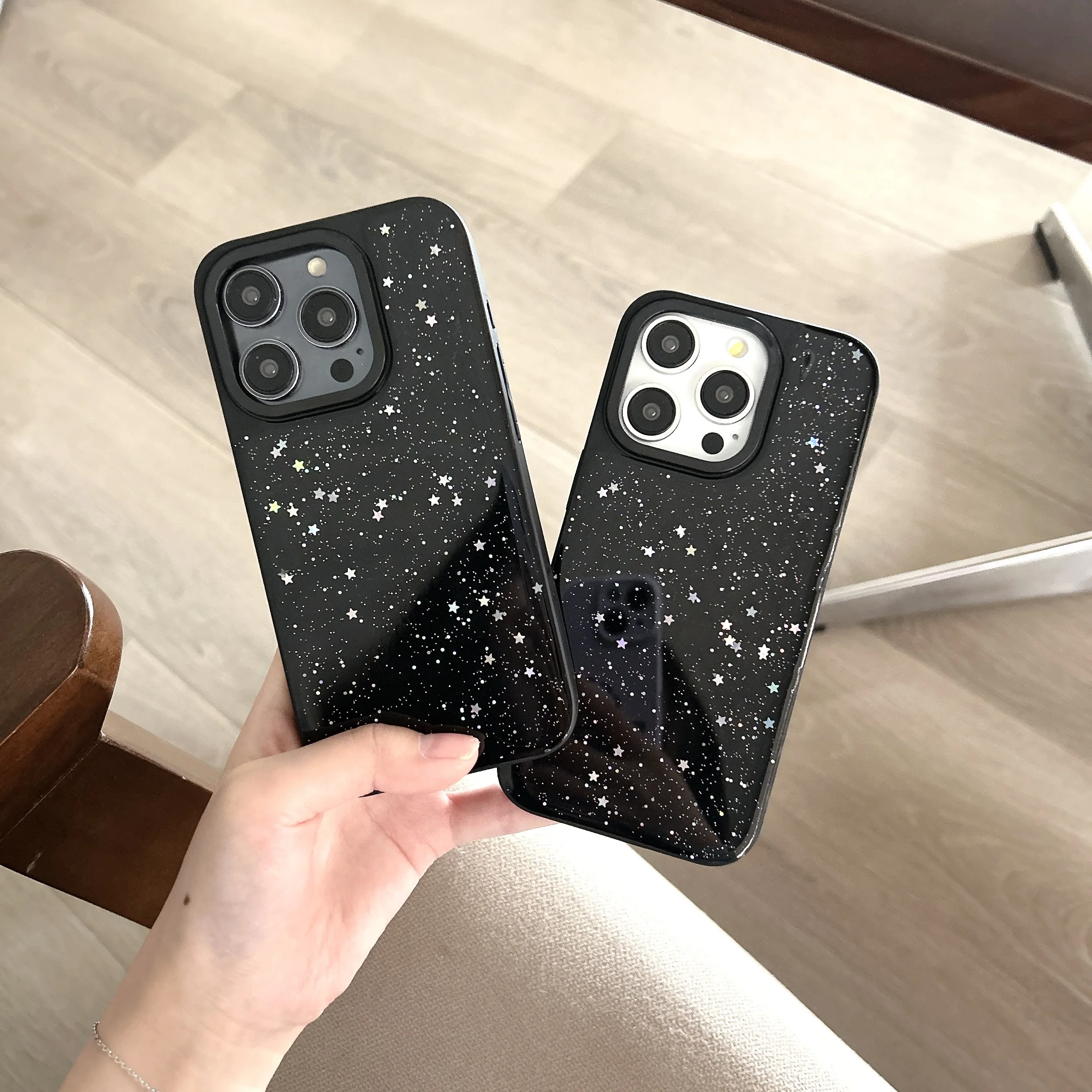 

Fashion Black Bling Bling Glitter Stars Cover Case For iPhone 15 14 13 12 11 Pro Max Plus Shockproof Protective Phone Case