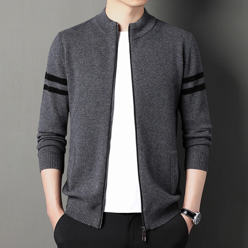 

2022 100% Wool Cardigan Men's Sweaters Luxury Computer Knitted Zipper Stand Collar Spring Autumn Male Sweaters 3XL