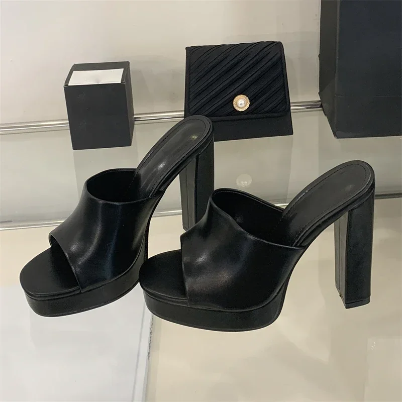

Aneikeh Runway Fashion Square High Heels Slippers Women Banquet Party Shoes Fashion Open Toe Platform Slide Sandals Flip Flops