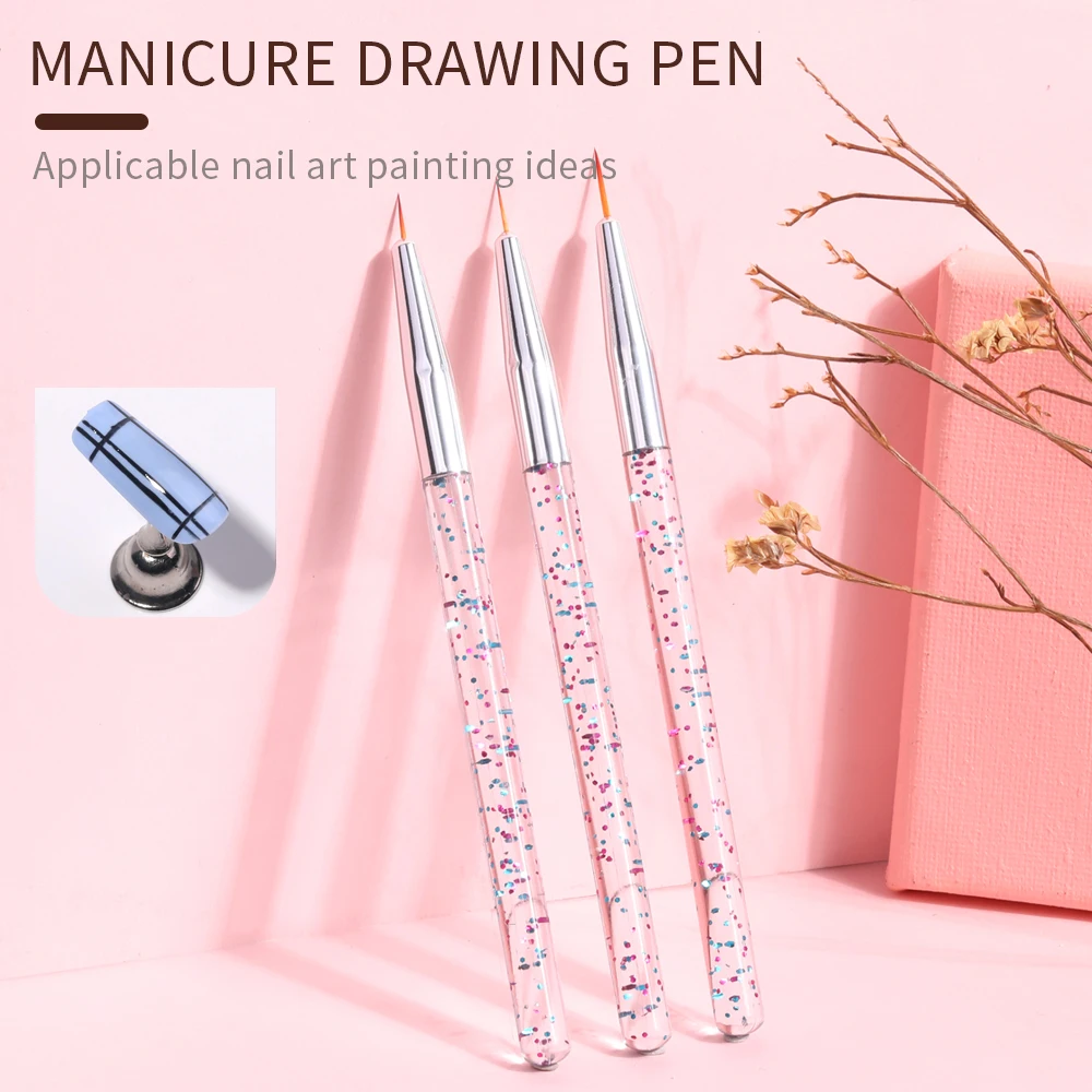 YIKOOLIN 3Pcs Acrylic French Stripe Nail Art Liner Brush Set 3D Manicure Ultra-Thin Line Drawing Pen UV Gel Manicure Painting