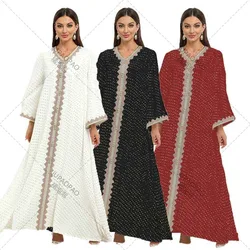 Vestido Maxi Jacquard Listrado Cetim Feminino, Elegante Decote V, Guarnição de Fita Dourada, Dubai, Árabe, Muçulmano Abaya, Kaftan Marroquino, Eid, 2023