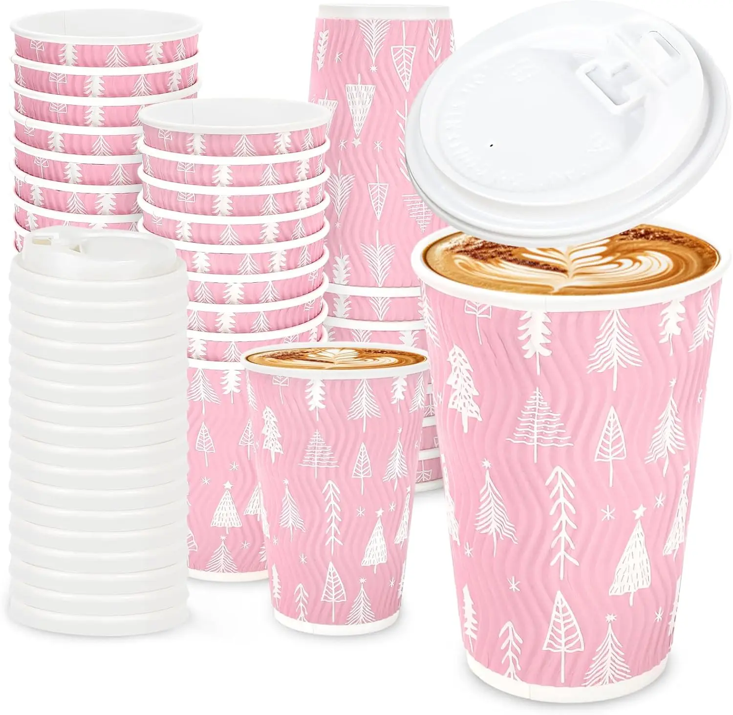 

100Pcs Christmas Disposable Coffee Cups with Lids Boho Xmas Tree Paper Cups Pink White Corrugated Ripple Wall Insulated