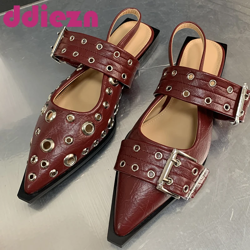 Zapatos planos de punta estrecha para mujer, sandalias transpirables de diseñador, moda de lujo, color rojo vino