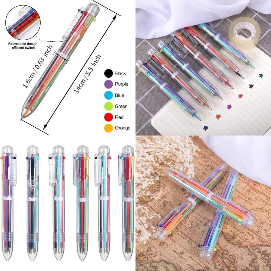 

6 упаковок разноцветных ручек, 0,5 мм, выдвижные шариковые ручки 6 в 1 с прозрачной бочкой для офиса и школы, яркие 6 цветов