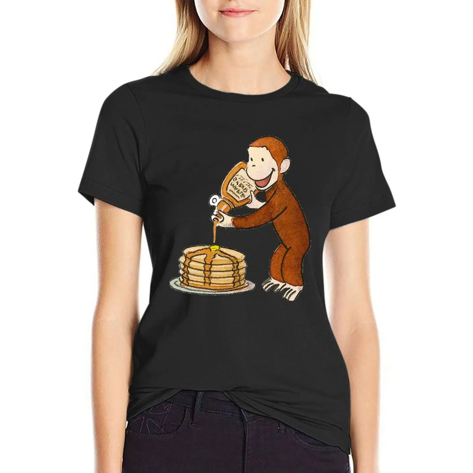 Curious George making pancakes T-Shirt blanks animal print shirt for girls t-shirt dress for Women sexy