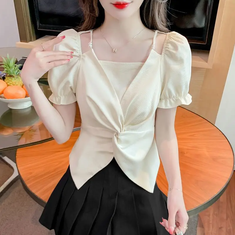 Casual Sle Chiffon irt Damen ort Sve Slim Fit V-Ne Button Detail Bubble Sve Regular Length Pure Color Top