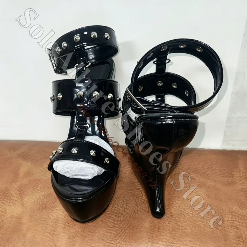 Ladies Black Studded Patent Wedge Sandals Open Toe Multi Straps Adjustable Ankle Buckle Sculptural Platform Sandals - view 3