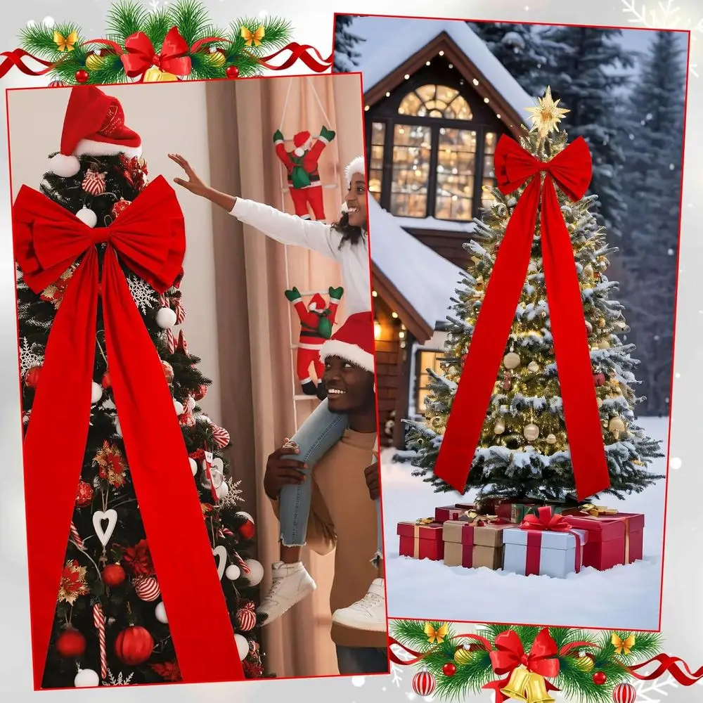 فيونكة مخملية حمراء عملاقة مع أشرطة طويلة - قطعة علوية لشجرة عيد الميلاد مقاس 71 × 24 بوصة وديكور إكليل للمنزل والخارج والحفلات
