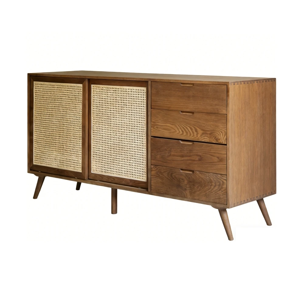 Mid-Century Modern Solid Wood Sideboard with Rattan Handles Eco-Friendly Durable Handmade Storage Cabinet for Kitchen Dining