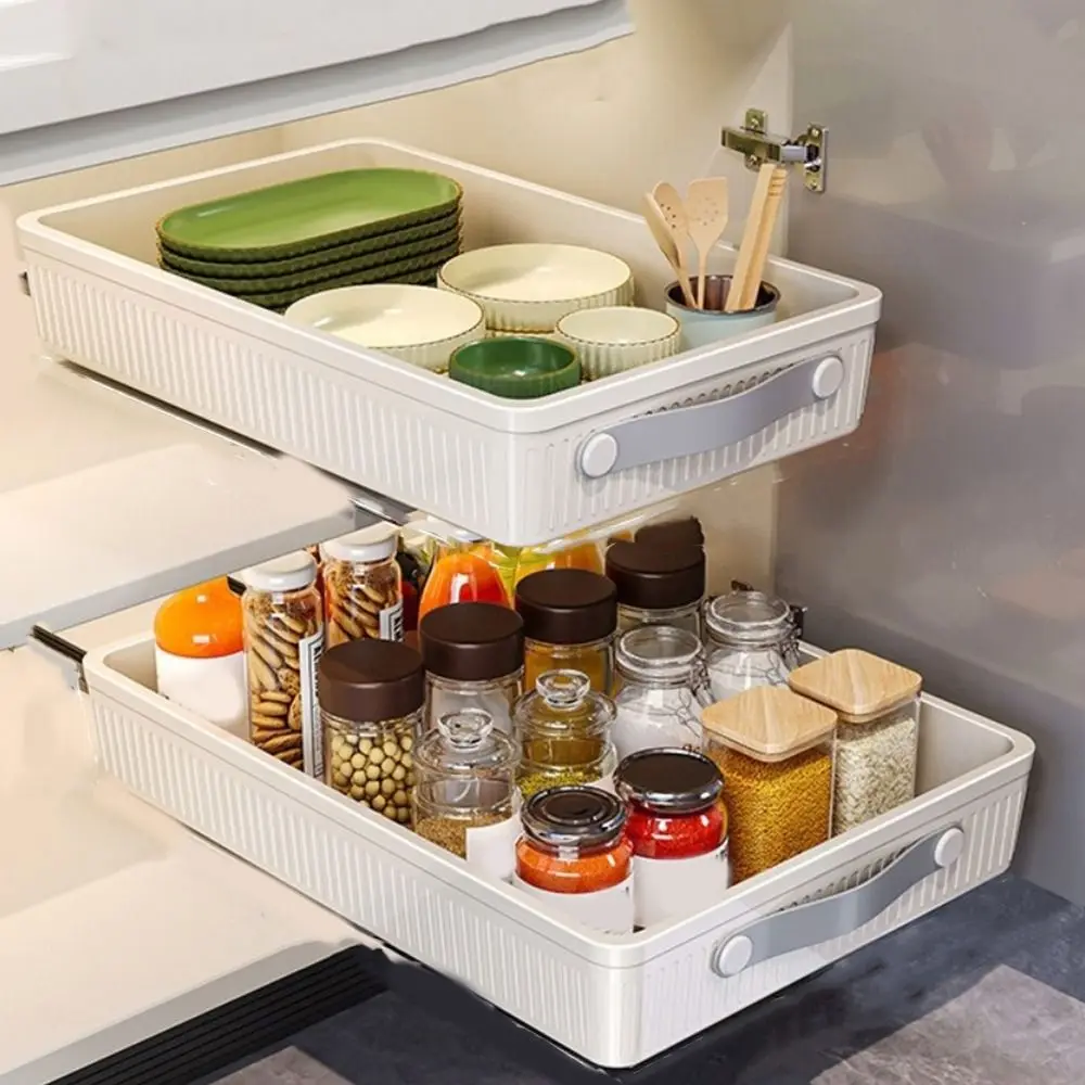 Tiroir de cuisine en plastique, support de rangement de grande capacité, pots à épices antidérapants, support de rangement avec Rails coulissants avec poignée