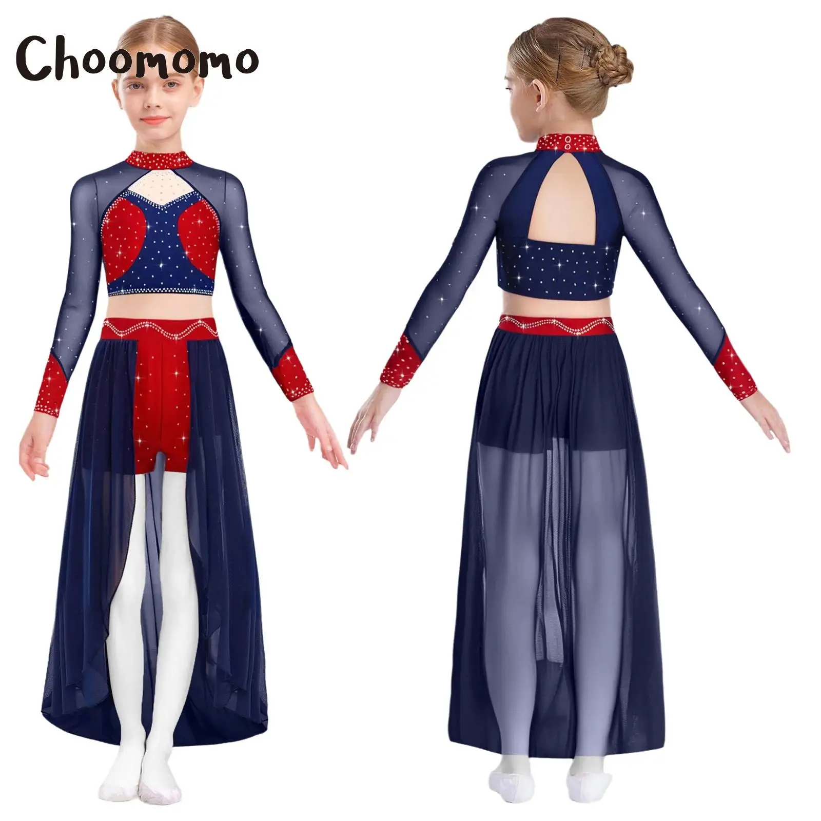 

Girls Ballet Dance Sets Lyrical Modern Contemporary Dance Outfits Long Sleeve Cutout Back Crop Top with Rhinestones A-line Skirt