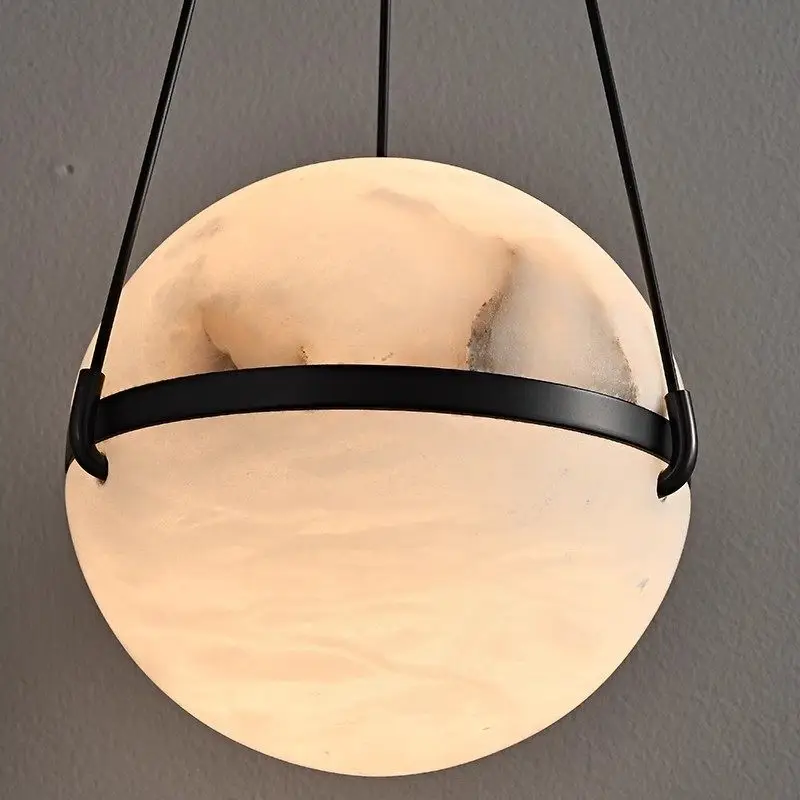 Modern LED Spherical Natural Marble Pendant Light, Home Decor Dining Table Kitchen Island Alabaster Hanging Lamp Black Stone