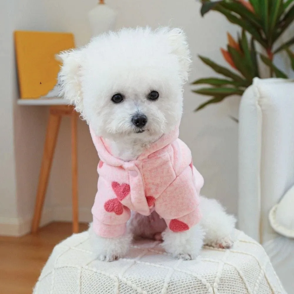 

Cute Pink Heart Hooded Pet Sweatshirt Super Soft Pink Heart Print Dog Hooded Jacket Breathable Warm Plush
