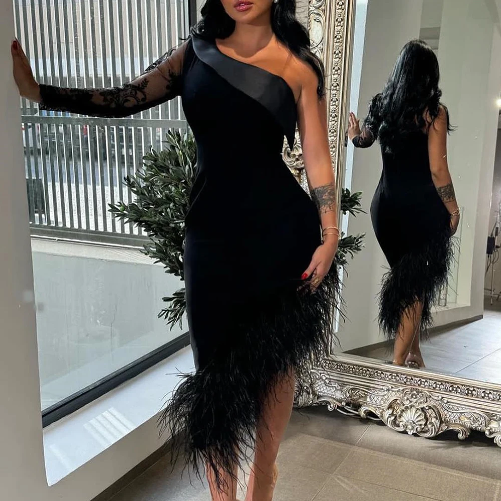 

Customized Temperament Lace One Shoulder Jersey Evening Dresses Formal Long Sleeves Straight Knee Length Special Occasion Gowns