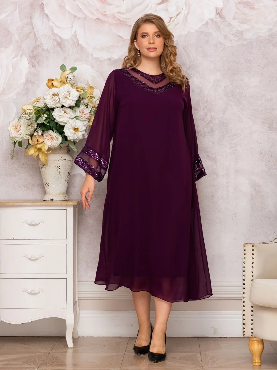 Plus Size Women Dresses Fashion O Neck Loose-fitting Long Sleeve Sequin Lace Patchwork Chiffon Dress for Party Banquet Vestidos