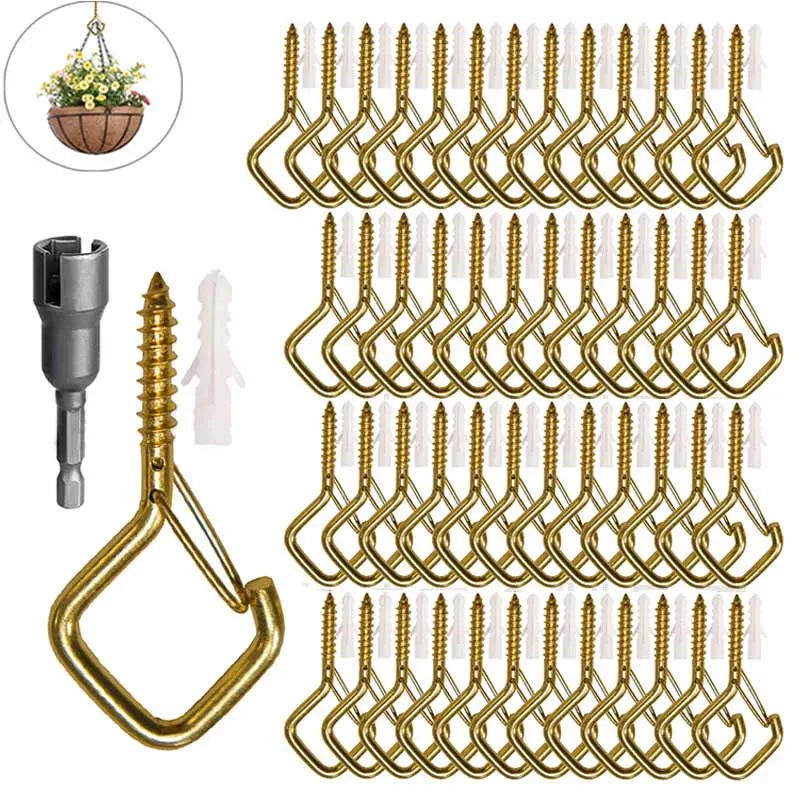 Small Square Snap Hanging Screw Hook Courtyard Garden Plants Ceiling Hooks with Safety Buckle for Hanging Outdoors String Lights