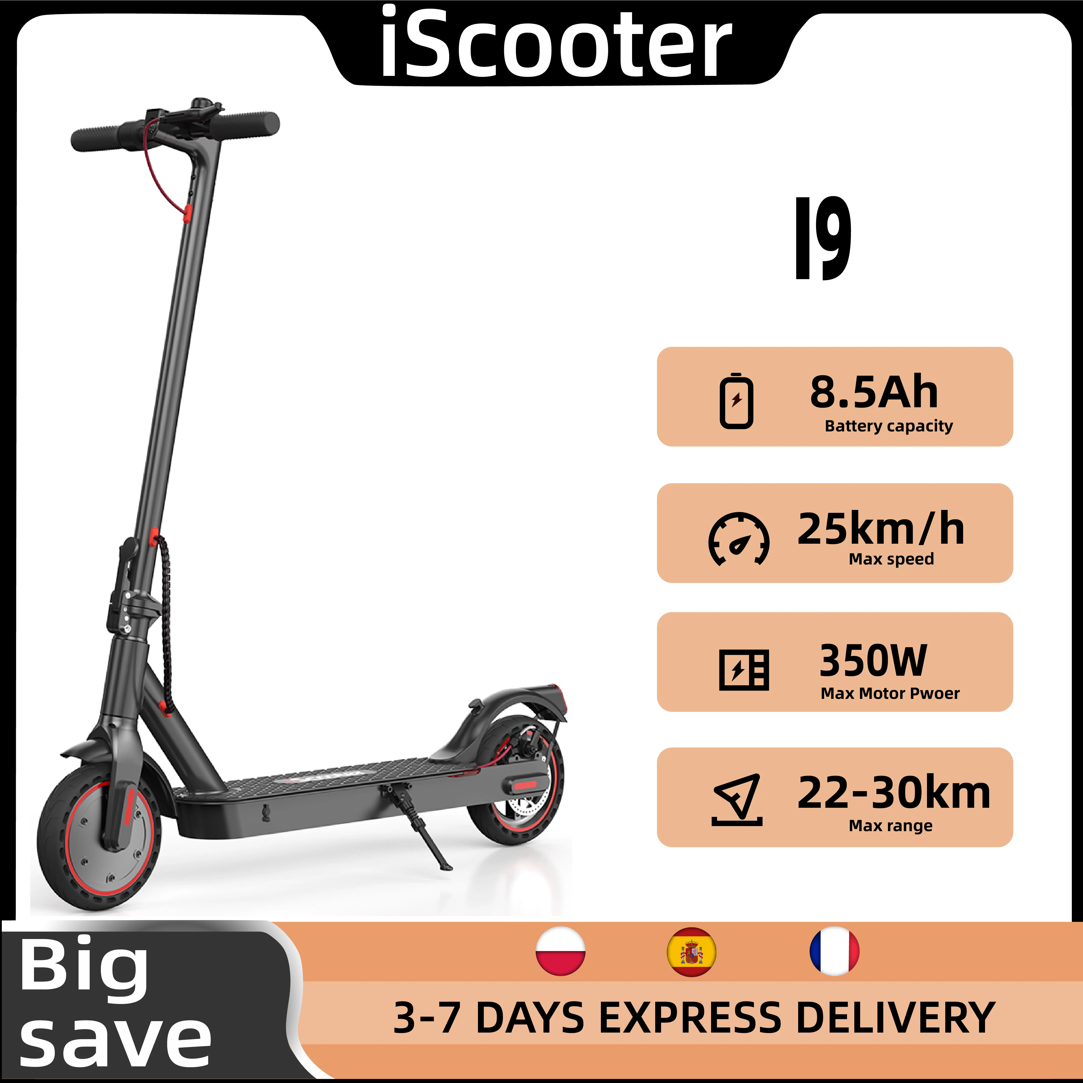 Scooter i9 Scooter électrique 350W pour adultes 7.5Ah 30 km/h pliable e-scooter 8.5 pouces nid d'abeille pneu plus court electrico
