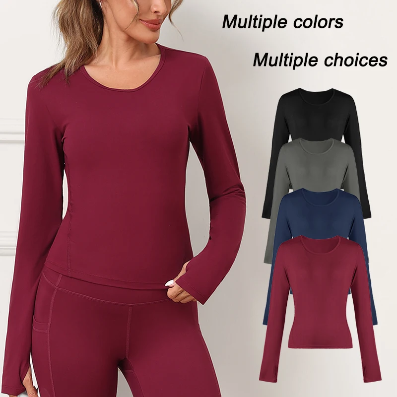 

Long Sleeve Yoga Shirts Solid Color Sports Top with Thumbholes Elastic Breathable Fitness Round Neck Blouse for Women Activewear
