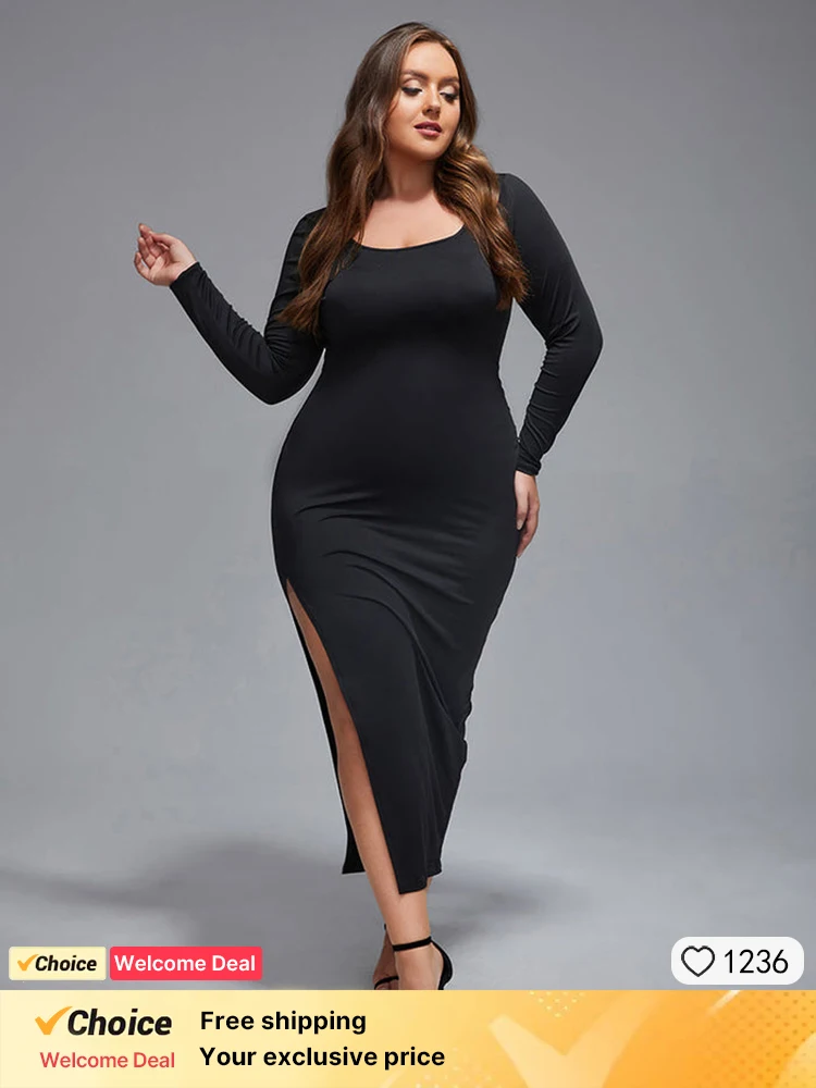 

Plus Sized Clothing Long Sleeve Women Sexy Long Dress Party Nightclub High Split Black Bodycon Evening Dresses Fashion