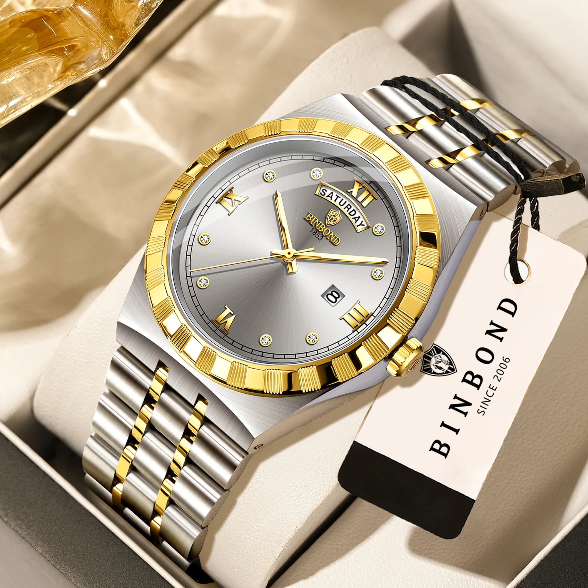 BINBOND Wochentagsanzeige Automatische Datumsanzeige Quarzuhren für Herren Luxuriöse Leuchtende Wasserdichte Präzise Herrenuhr Lässige Langlebige Armbanduhr