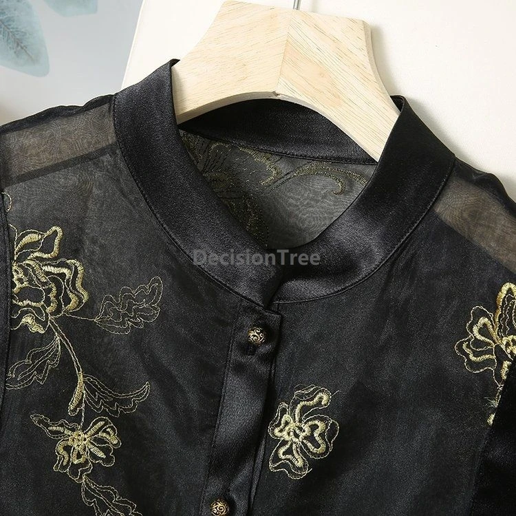 Elegant Balck Embroidered Vest New Chinese Style Stand Collar Organza Vest Spring Summer Temperament Women Outwear Top
