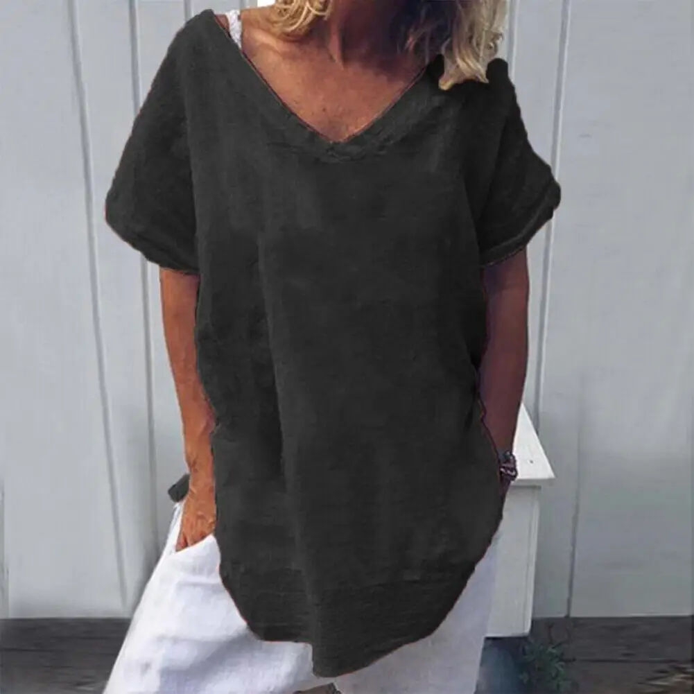 Cotton Linen Loose Women T-shirt V-Neck Batwing Short Sleeve Versatile Simple Solid Color Pullover Tunic Top Blouse Streetwear