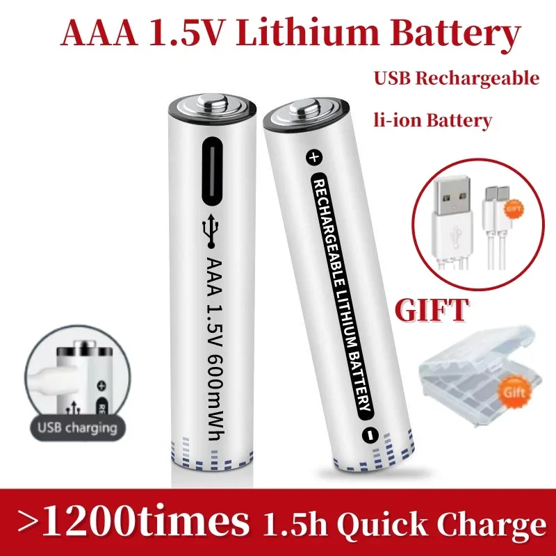 

AAA Rechargeable USB Batteries 1.5V Li-ion High Capacity 600mWh Backing Up Battery for Remote Mouse Toy Flashlight+ Type C Cable