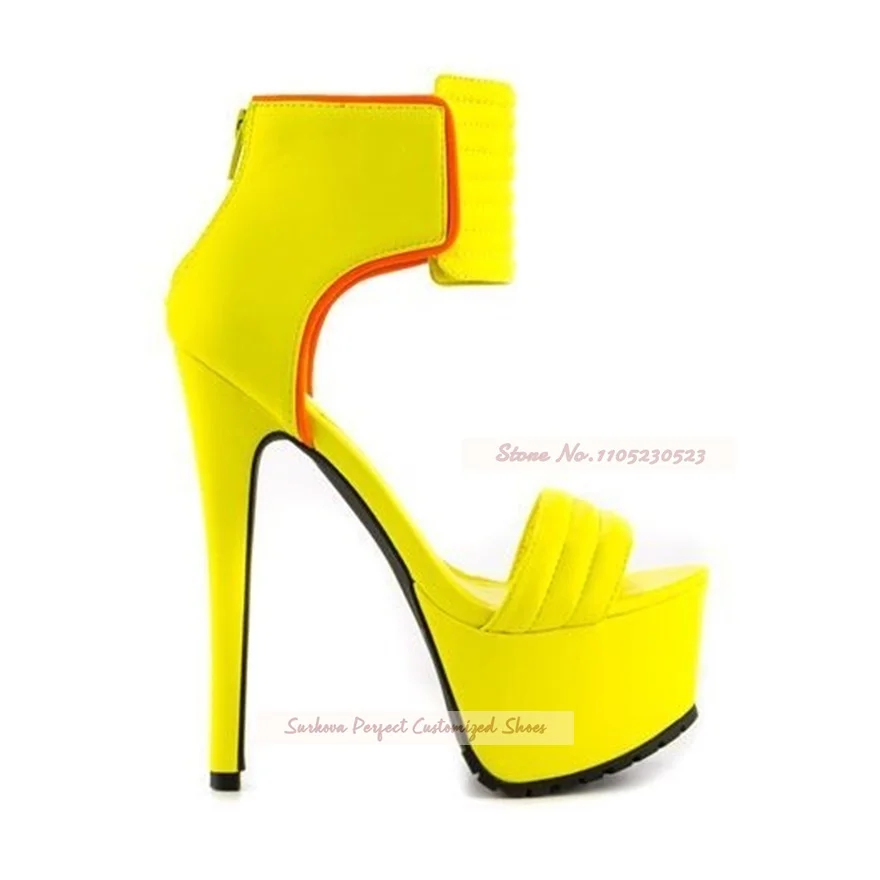 

Neon Yellow Stiletto Heels Platform Sandals Wide Ankle Strap Zipped Dress Shoes Green Red Nightclub Footwear