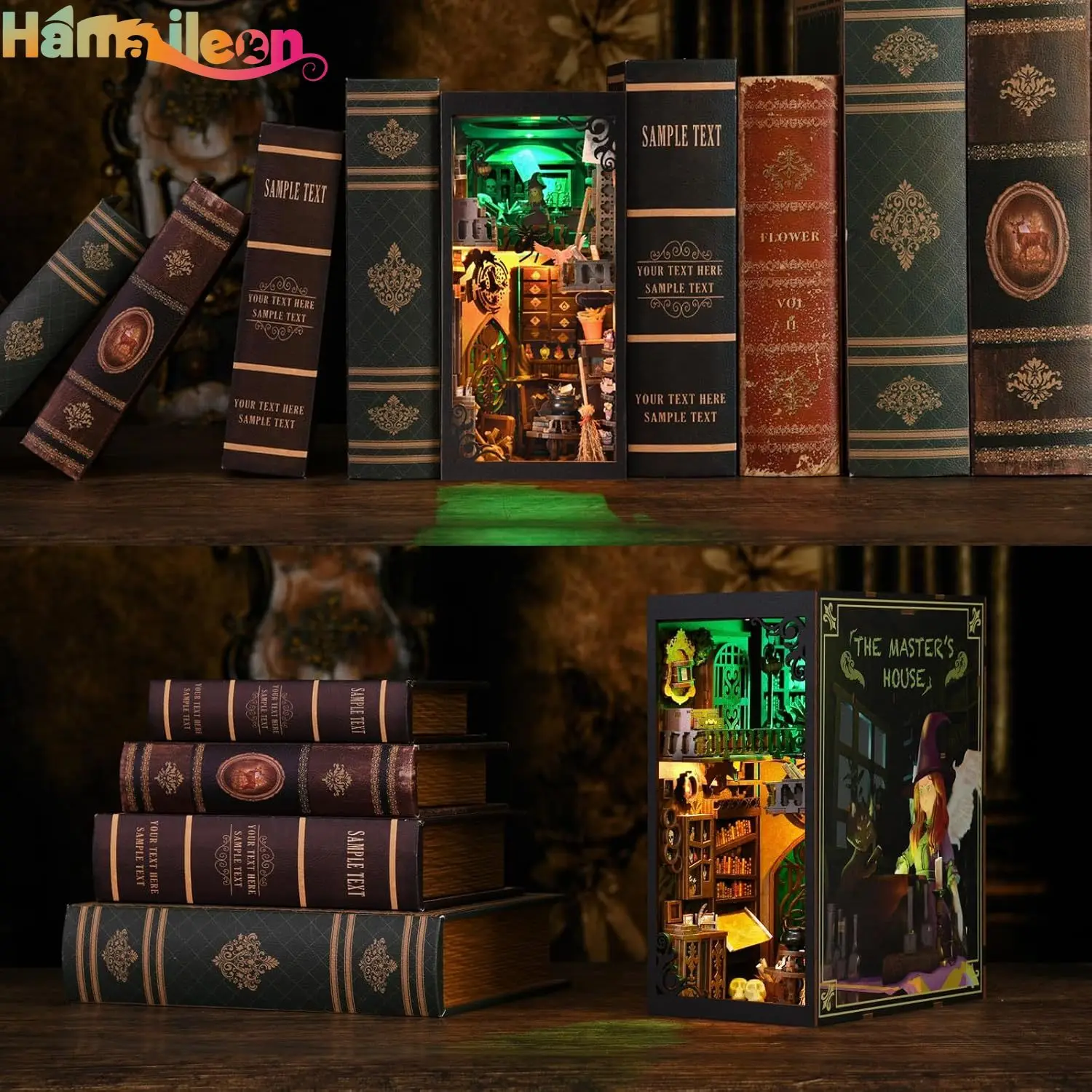 Hamaileon DIY ブックコーナーキット 3D 木製パズル DIY ミニチュアハウス 棚インサート装飾用 センサーライト付き (マスターハウス)