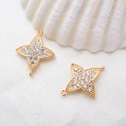 (1875)4PCS 11x15MM 24K Gold Color Brass with Zircon Flower Connector Charms High Quality DIY Jewelry Making Findings Accessories