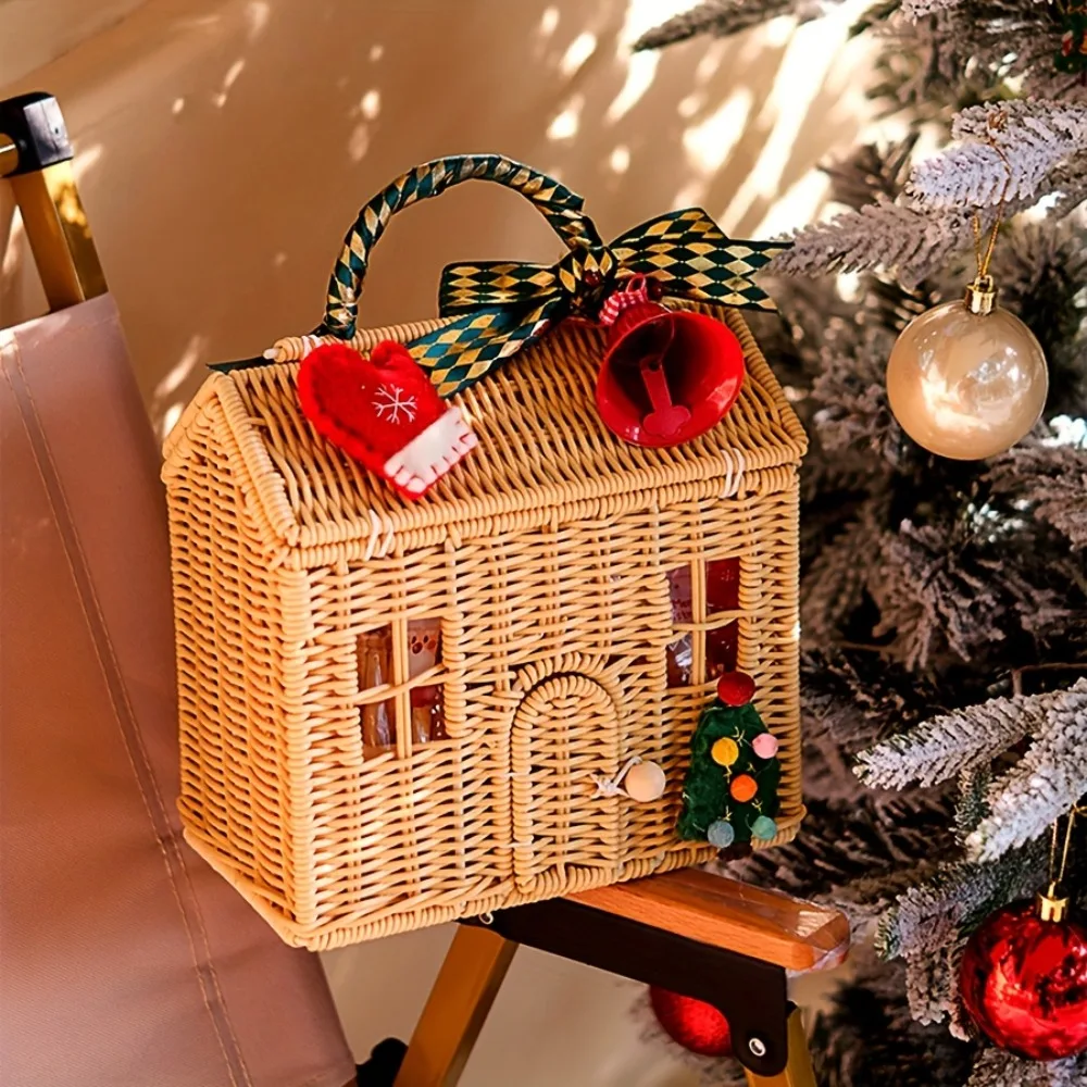 Small Rattan House Shaped Basket Garden Harvest Wicker Shelf Organizer with Lid Decorative Hand Woven Doll House Picnic Basket view 5