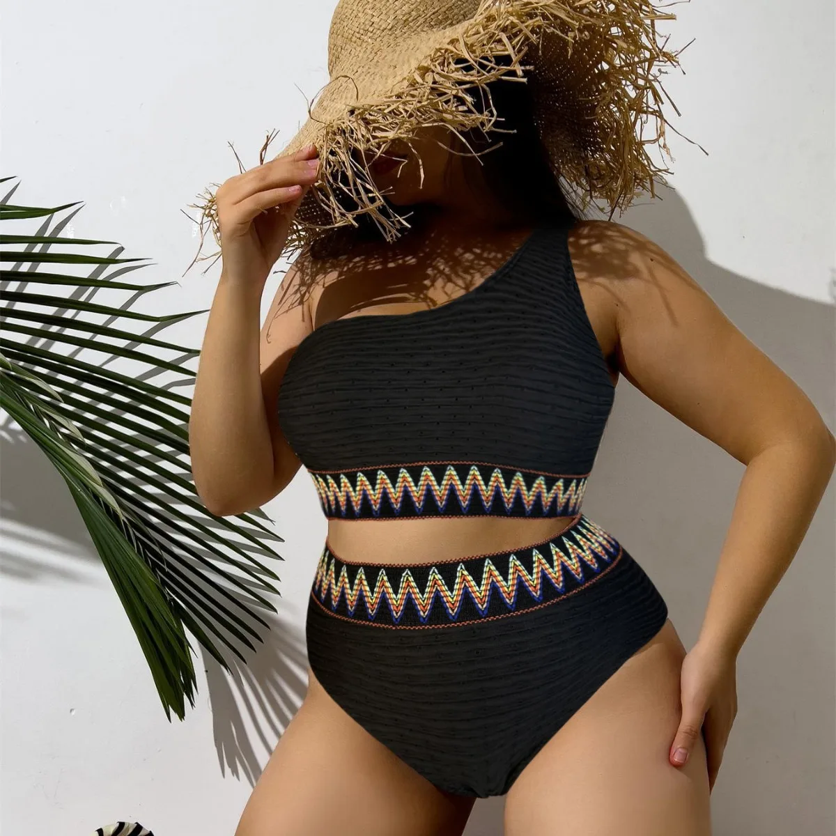 2025 New Sexy One-Shoulder High Waist Swimwear for Women Two-Piece Bikini Set Plus Size Swimsuit Tummy Control Bathing Suit