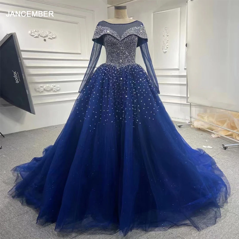 

Classic Evening Dresses Organza Ball Gown O-Neck Long Sleeves Wedding Guest Dress 2022 Pleat Sequined RSM66818 Vestidos De Noite