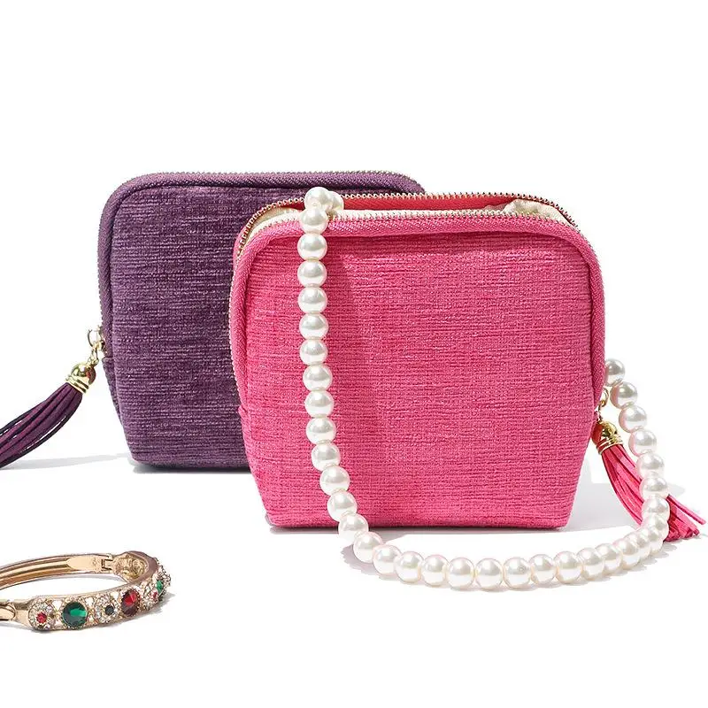 Tassel Accent Jewelry Storage Bag Multi Layer Lining Compact Portable Ring Necklace Pouch for Travel Gift Giving