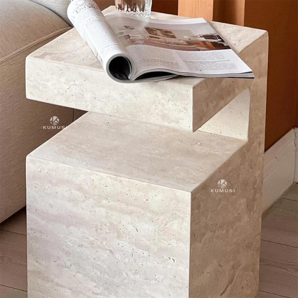 Minimalistyczny kwadratowy stolik narożny z trawertynu w stylu Wabi-Sabi, nowoczesny, do willi, hotelu, na zewnątrz, meble do domu - &d Master Design