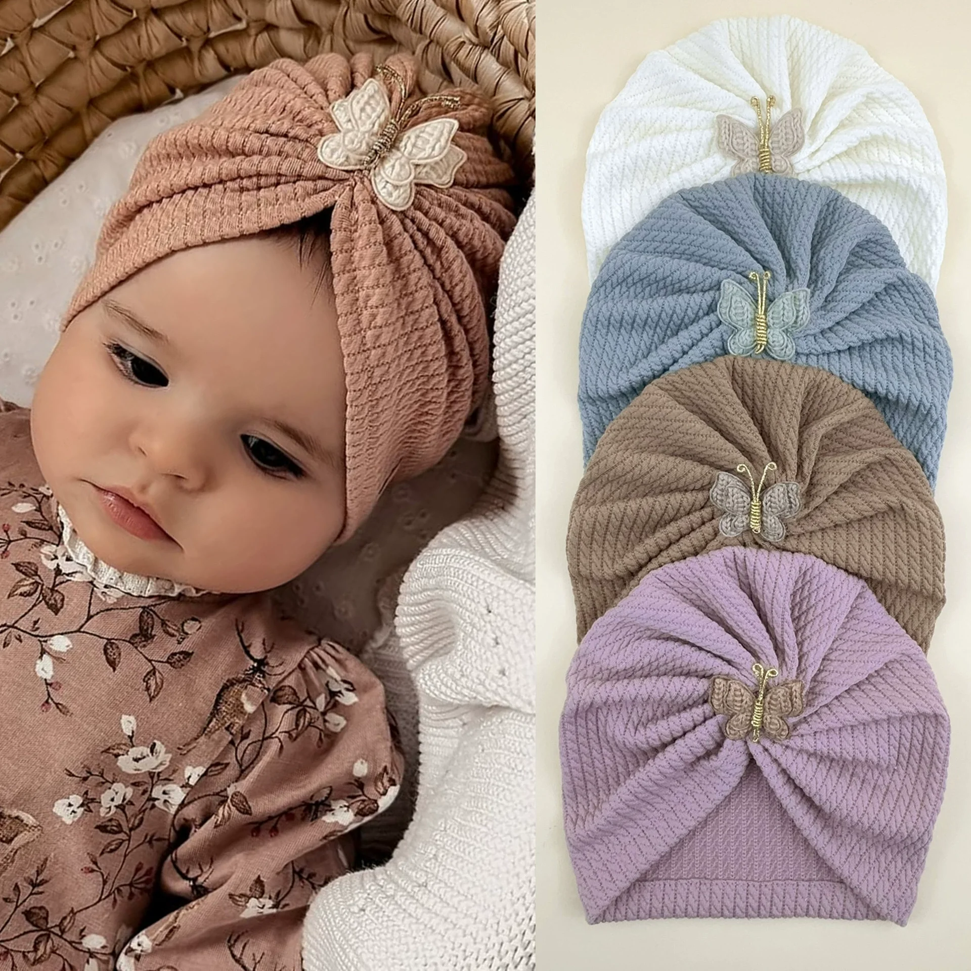 

Ins New Cotton Butterfly Bow Baby Rib Turban Hat Indian Cap Infant Boys Cap Beanies Baby Girls Bonnet Hats for Newborn Headwear