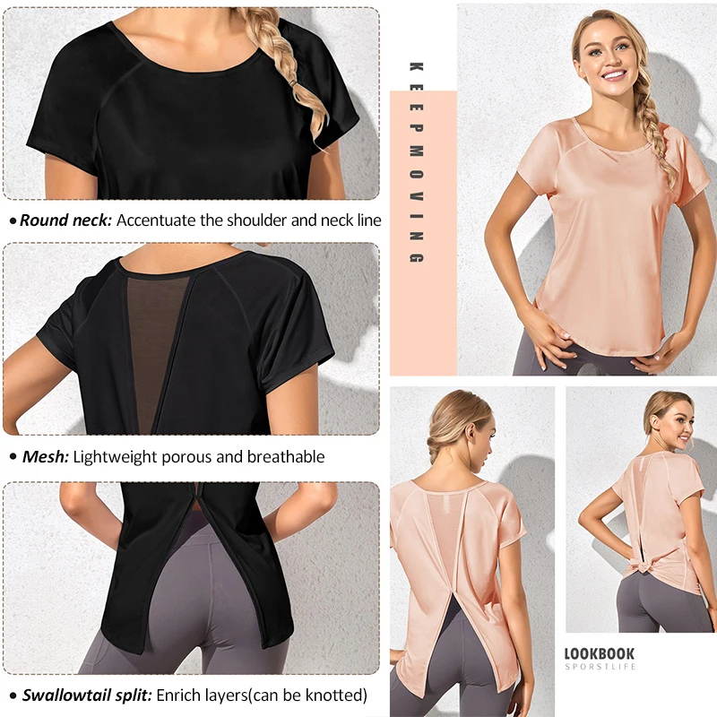 Aiithuug Round Neck Mesh Back Dovetail Split Beauty Back Yoga Tops Quick Dry Breathable Shirts Athletic Running Gym Short Tops