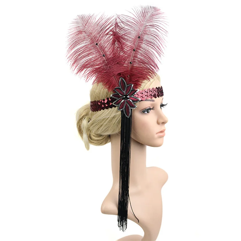 1920s Feather Headband Charleston Costume Great Gatsby Flapper Black Headpiece Elegant Beaded Headband with Tassel