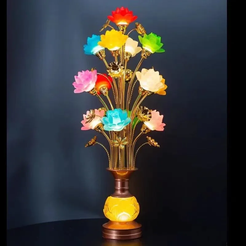 TYLA Colored LED Lotus Table Lamp For Buddha Lamp Household Buddha Hall Lamp Glass Lamp Temple Worship Buddha Front Lamp