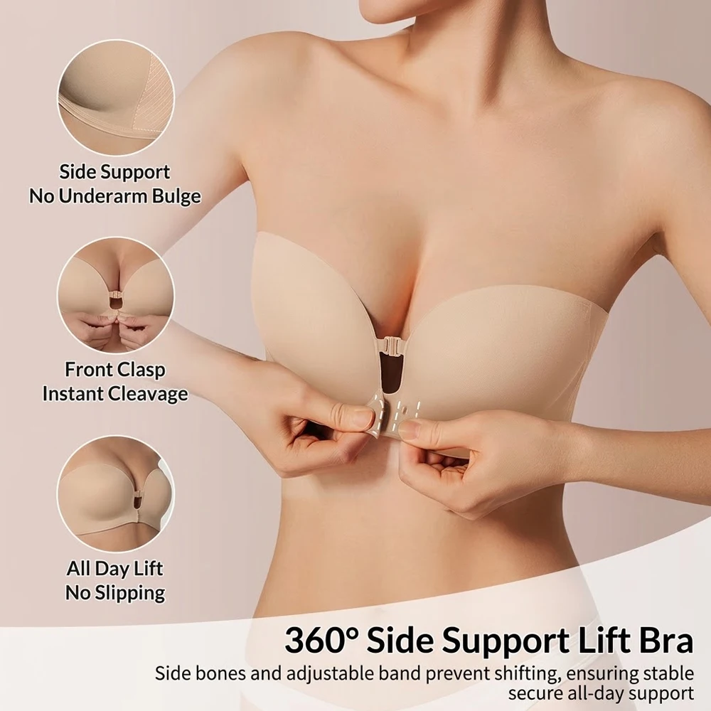 Women's Seamless Strapless Push Up Bra Front Closure Lift Bra Anti Slip Invisible Wireless Bandeau with Removable Straps