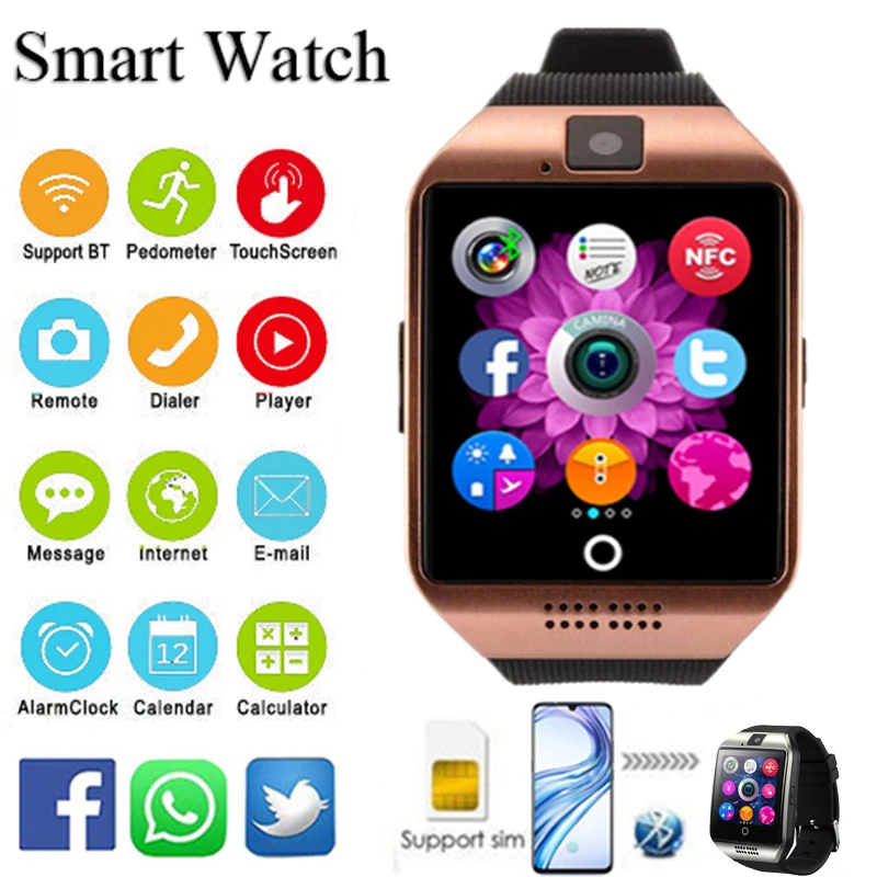 Q18 Fashion Clock Smartwatch Men Women Support Sim TF Card Call Push Message Camera Bluetooth Connectivity Smart Watches Android