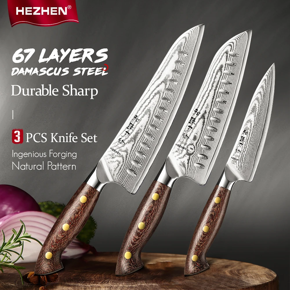 

HEZHEN 1-3 шт. набор ножей из дамасской стали шеф-повара Santoku Micarta ручка универсальный нож для очистки мяса острый кухонный инструмент нож