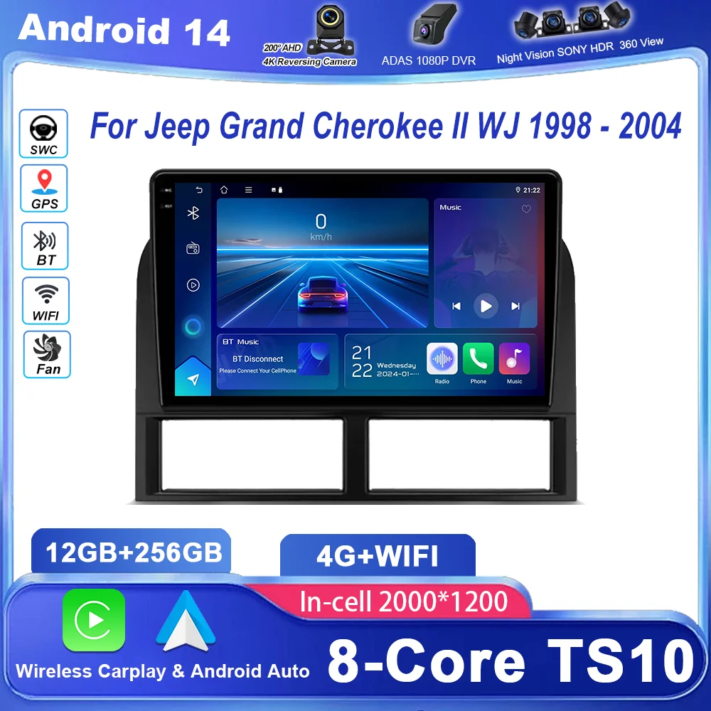 

Автомобильный DVD-радио Android 14, стерео для Jeep Grand Cherokee II WJ 1998-2004, автомультимедийный видеоплеер, GPS-навигация, NO 2Din WIFI