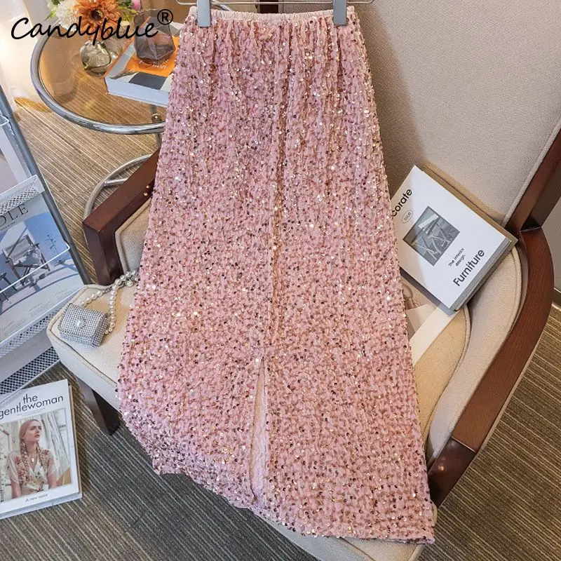 Shiny Sequined Casual Chic Women's Skirt A-line High Waist Korean Fashion Elegant Mid-Calf Long Skirts For Women 2023 Autumn