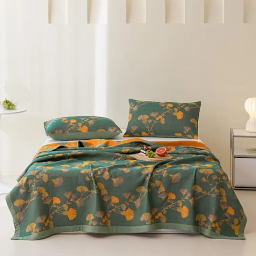 

Покрывало King Size из 100% хлопка жаккардового плетения с цветочным принтом листьев гинкго, мягкое, муслиновое, 3-слойное, двустороннее, дышащее, легкое