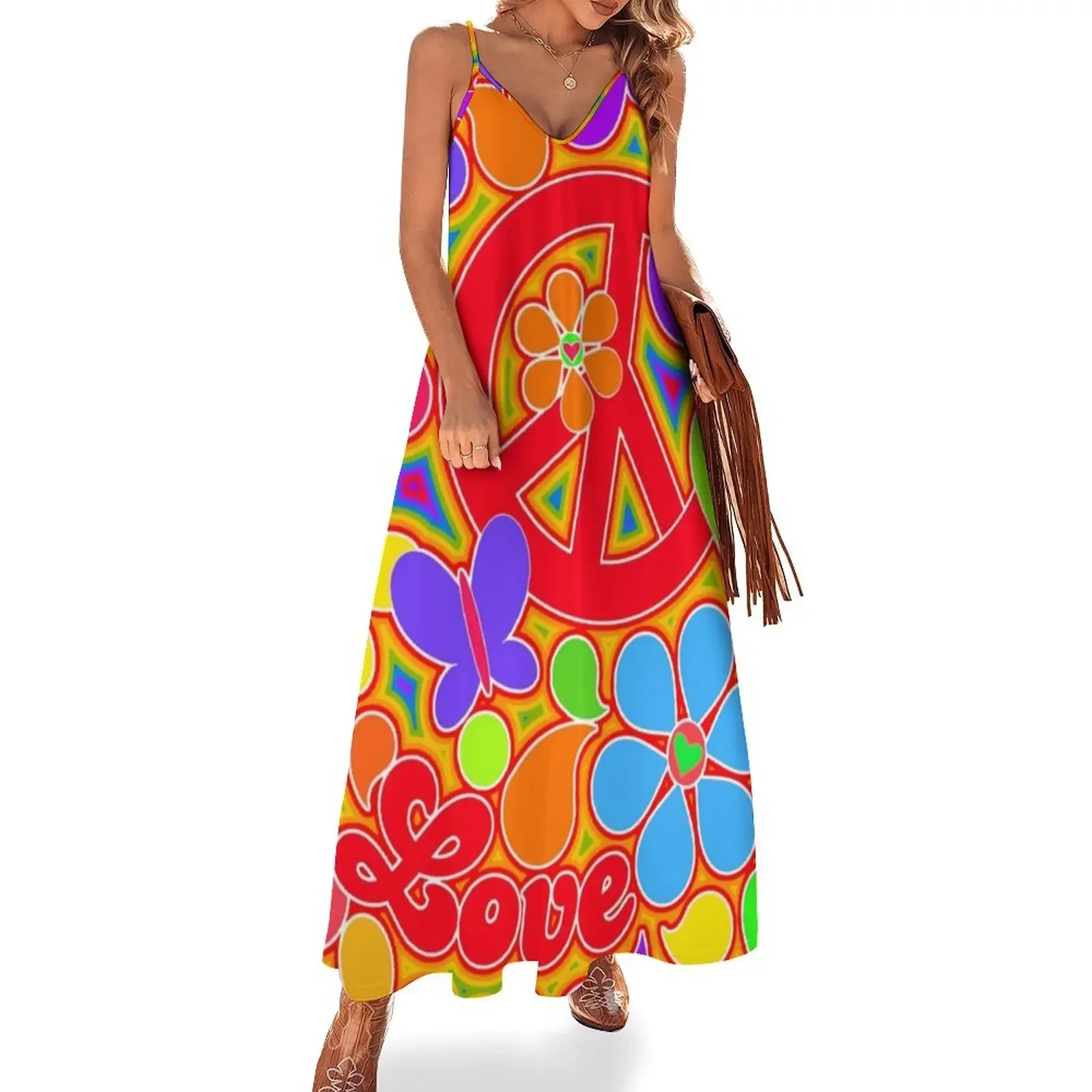 

Rainbow Pop Art Colorful Peace and Love Flower Power Art Sleeveless Dress evening dress women Woman's evening dress